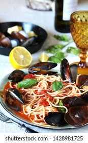 Mussels Marinara Pasta Spaghetti With  Tomato Sauce. Sea Food Meal. Typical Dish Of Italian Pasta.