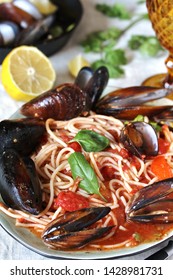 Mussels Marinara Pasta Spaghetti With  Tomato Sauce. Sea Food Meal. Typical Dish Of Italian Pasta.