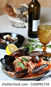 Mussels Marinara Pasta Spaghetti With  Tomato Sauce. Sea Food Meal. Typical Dish Of Italian Pasta.