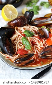 Mussels Marinara Pasta Spaghetti With  Tomato Sauce. Sea Food Meal. Typical Dish Of Italian Pasta.