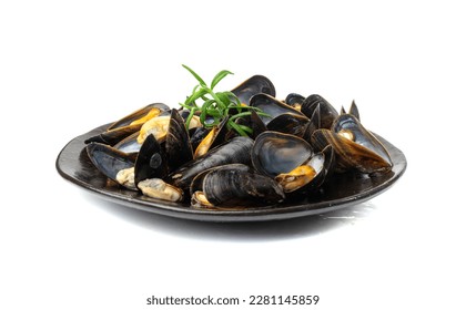 Mussels Pile on Black Plate Isolated, Open Shellfish, Seafood, Mussels Meat, Cooked Clams on White Background