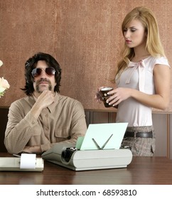 Mustache Retro Businessman Sexy Blond Secretary Office