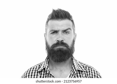 Mustache Works In City. Trendsetter Hipster With Mustache Isolated On White. Mustachioed And Bearded Male. After Hairdresser Salon. Barbershop Master. Mustache From Barber. Mature Hipster With Beard