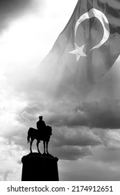 Mustafa Kemal Ataturk Monument And Turkish Flag In Black And White View. 10th November Or 10 Kasim Background Vertical Photo.