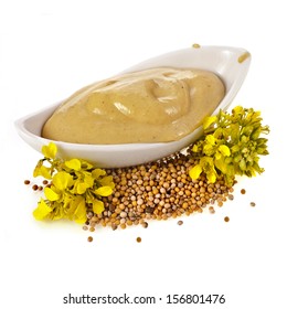 Mustard Dish Sauce And Powder, Seeds With Mustard Flower Bloom  Isolated On White Background 