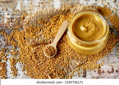 Mustard in a jar. Mustard Seeds Vegan concept. Healthy diet. Selective focus. Macro.