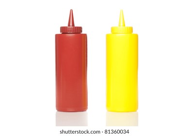 A Mustard And Ketchup Bottle Against A White Background