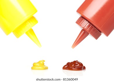 A Mustard And Ketchup Bottle Against A White Background