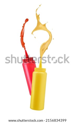 Mustard and ketchup on white background