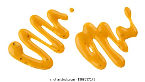 Mustard Sauce, Splash Of Honey Mustard Salad Dressing Isolated On White Background With Clipping Path, Top View