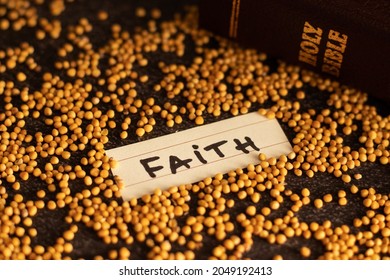 Mustard Seed Faith Parable From Holy Bible. Biblical Concept. Faithful Christian Belief And Hope In God And Jesus Christ. A Handwritten Word With Mustard Seeds. Trust And Obey The LORD. A Close-up.