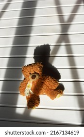 Mutilated childhood. Abandoned children's toy, war, death. Conceptual picture of a children's toy teddy bear lost on white wooden floor with cross window shadow. Vertical