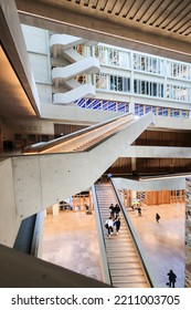 Muttenz, Switzerland - September 19. 2022: The Modern Entrance Hall Of The Vocational University Of FHNW. It Is A Teaching And Research Educational Center For Northern Switzerland Regions.