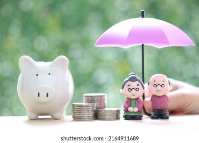 Mutual fund,Love couple senior and hand holding the umbrella with stack of coins money and piggy bank on green background, Save money for prepare in future and pension retirement concept