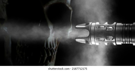 Muzzle Of A Firearm With Smoke Being Forced Out On A Black Background With Room For Copy