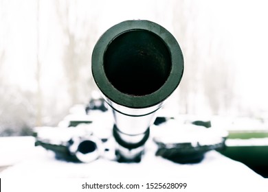 Muzzle Of The Tank In Winter Closeup, Selective Focus. Tank Gun Barrel