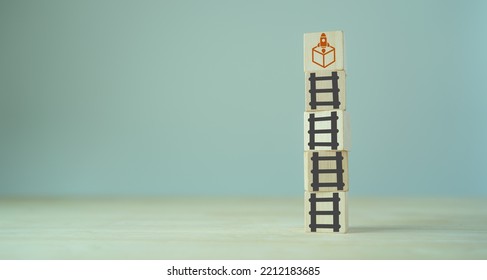 MVP, Minimum Viable Product Concept For Lean Startup. Life Cycle Of Product Development. Analysis And Market Validation. Wooden Cubes With Ladder And New Product Launching Icons. 