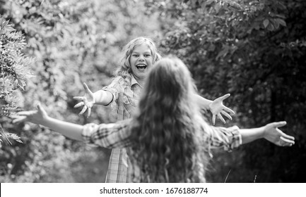 My Dear Friend. Happy Girls Excited See Each Other. Give Me Hug. Glad To Meet You. Finally Together. Happy Reunion Concept. Best Friends Forever. Happy Kids Running Meet Each Other. Sincere Emotions.