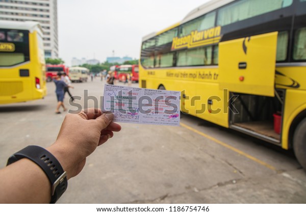 MY\
DINH, HANOI/VIETNAM - JULY 25: Bus ticket in Bus station my dinh\
for local travel to the north of VIETNAM in the center city. on 07\
29 2018 Most save traveled go to SAPA, Halong\
bay.