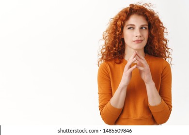 My evil plan is perfect. Hideous gorgeous redhead female scheming something, steeple fingers, squinting cunning and smirk, made-up good idea, thinking, pondering choices, stand white background