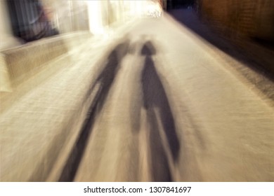 My Friend And I, Tribute To Ernst Hass, Tribute To Monet, Impressionist Photography Sweeps At Low Shutter Sweep Of  Of Shadows Of Two Persons Walking At Sunset On A Street In Toledo, Spain,