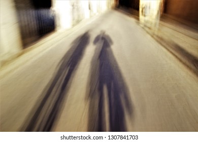 My Friend And I, Tribute To Ernst Hass, Tribute To Monet, Impressionist Photography Sweeps At Low Shutter Sweep Of  Of Shadows Of Two Persons Walking At Sunset On A Street In Toledo, Spain,