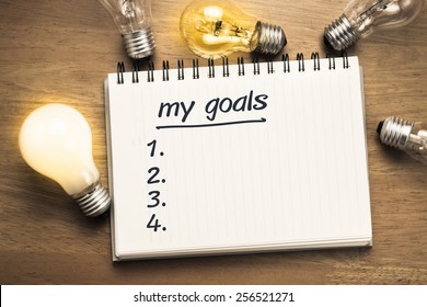 My Goals as memo on notebook with many light bulbs - Shutterstock ID 256521271