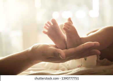 In my mother's hand there is a baby's foot. Mother who protects her child. Family warmth concept with love baby and mom