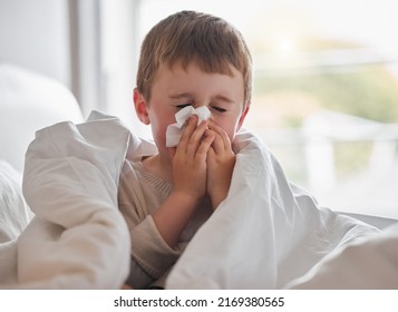 My nose wont stop dripping. Shot of a little boy feeling ill in bed at home and blowing his nose. - Shutterstock ID 2169380565