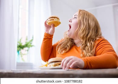 My precious. Delighted overweight woman sitting at the table and eating fries and sandwiches
