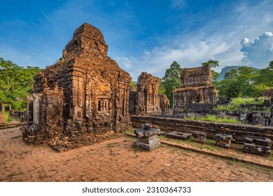 MY SON SANCTUARY IS A LARGE COMPLEX OF RELIGIOUS RELICS COMPRISES CHAM ARCHITECTURAL WORKS. A UNESCO WORLD HERITAGE SITE IN QUANG NAM, VIETNAM. LOCATED ABOUT 30 KM WEST OF HOI AN ANCIENT TOWN.