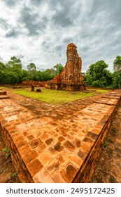 My Son Sanctuary is a large complex of religious relics comprises Cham architectural works. A UNESCO world heritage site in Quang Nam, Vietnam. Located about 30 km west of Hoi An ancient town.