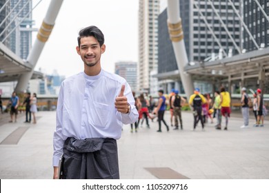 Myanmar Businessman Are Smiling With Thumbs Up Poses On People Group Blurred Background 