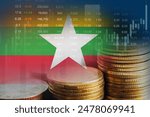 Myanmar flag with stock market finance, economy trend graph digital technology.