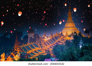 Myanmar view of Shwedagon Pagoda a night, Shwedagon pagoda with larntern, Yangon, Myanmar.