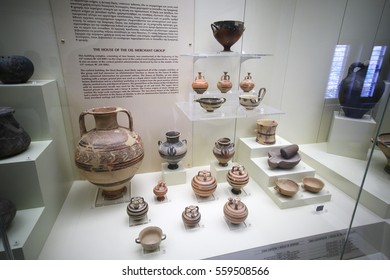 Mycenae, Greece, September, 07, 2016. Pottery In Museum Of Mycenae. These Artefacts Were Created About 3500 Years Ago.