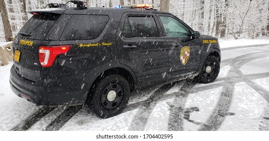 Myersville, Maryland / USA- 01/07/2020: A Maryland State Police Vehicle In Snow Storm.