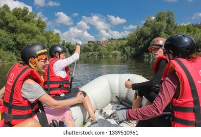 Mygiya / Ukraine - July 22 2018: POV. Women's Team On The Rafting. Rafting At Southern Bug River With White Water Rafting Adventure In Ukraine