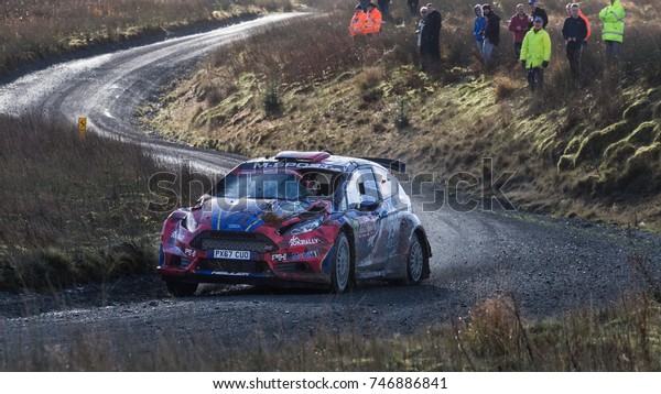 Myherin Rally stage in Wales, UK - October 27,\
2017: A car racing on Day two of a four day race at the Wales\
Dayinsure Rally in\
Wales.