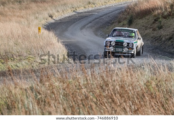 Myherin Rally stage in wales, UK - October 27\
2017: A car racing on Day two of the four day race at the Wales\
Dayinsure Rally in\
Wales.