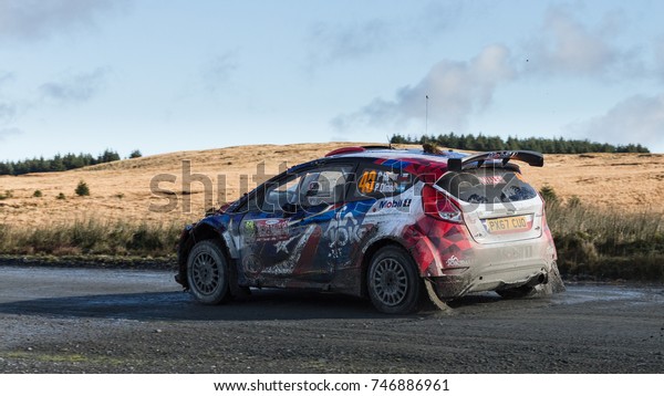 Myherin Rally stage in Wales, UK - October 27,\
2017: A car racing on Day two of a four day race at the Wales\
Dayinsure Rally in\
Wales.