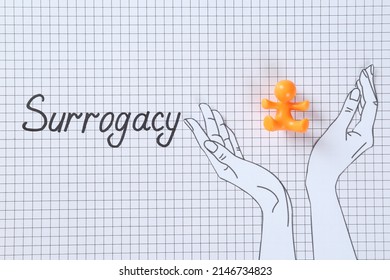 MYKOLAIV, UKRAINE - JANUARY 04, 2022: Word Surrogacy, Hands Cutout And Baby Figure On Checkered Paper, Flat Lay