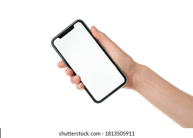 MYKOLAIV, UKRAINE - JULY 07, 2020: Woman Holding IPhone 11 On White Background, Closeup. Mockup For Design