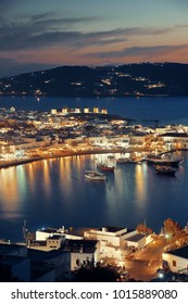 Mykonos Bay Viewed From Above At Night. Greece.