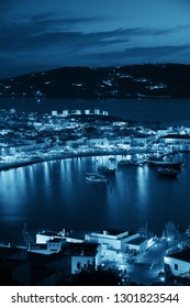 Mykonos Bay Viewed From Above At Night. Greece.