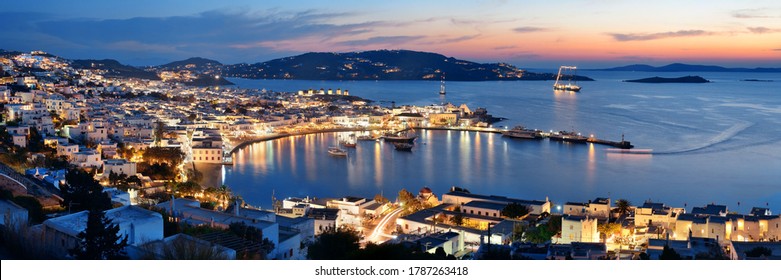 Mykonos Bay Viewed From Above At Night. Greece.