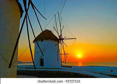 Mykonos, Famous Windmill At Sunset