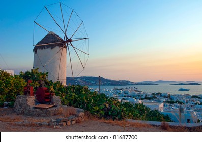 Mykonos, Famous Windmill At Sunset Amazing Greek Islands Series