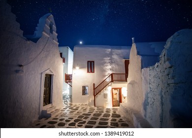 Mykonos, Greece - 7 16 2018: Night Street At Mykonos Town In Greece