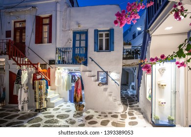 Mykonos, Greece - 7 16 2018: Night Street On Mykonos